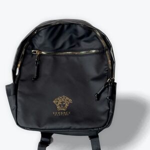 Versace Parfums Nylon Backpack Black Gold Medusa Logo Greek Key Straps Bag